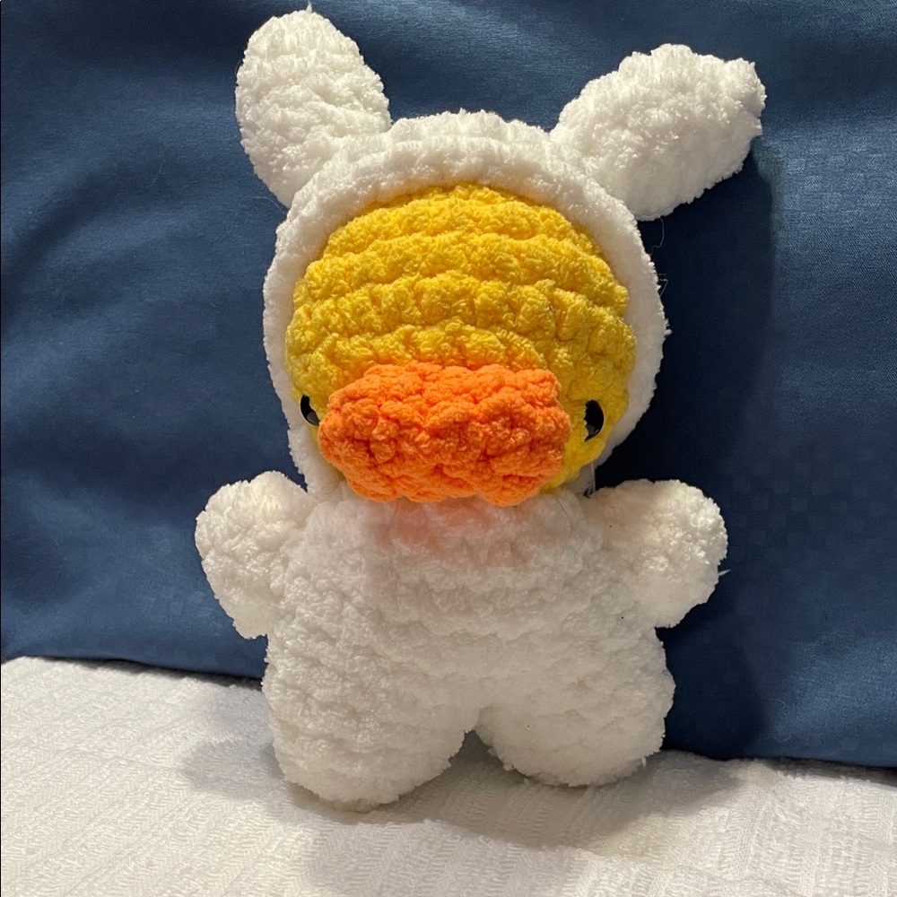 Handmade Crocheted Duck in a Bunny Costume Plushie- White and Yellow